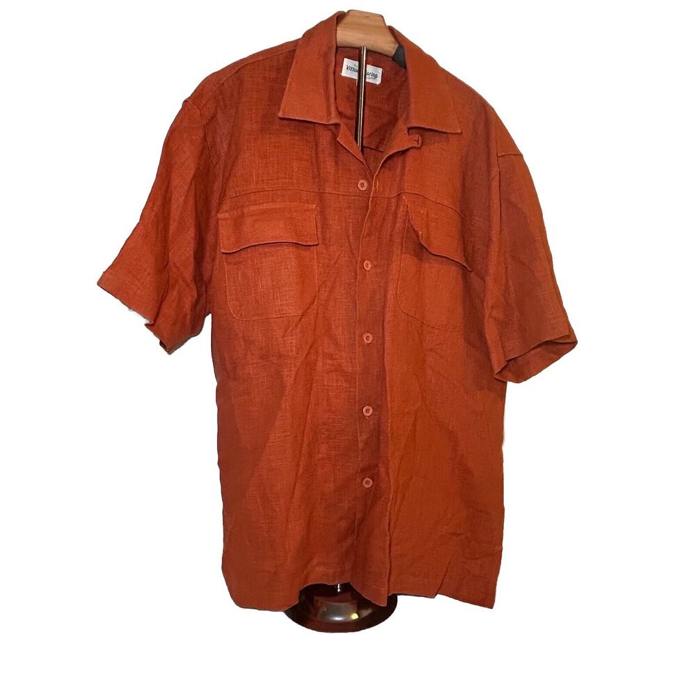 Vintage Men Vittorio Farina 100% Linen Button Down Vented Short Sleeve Shirt XL